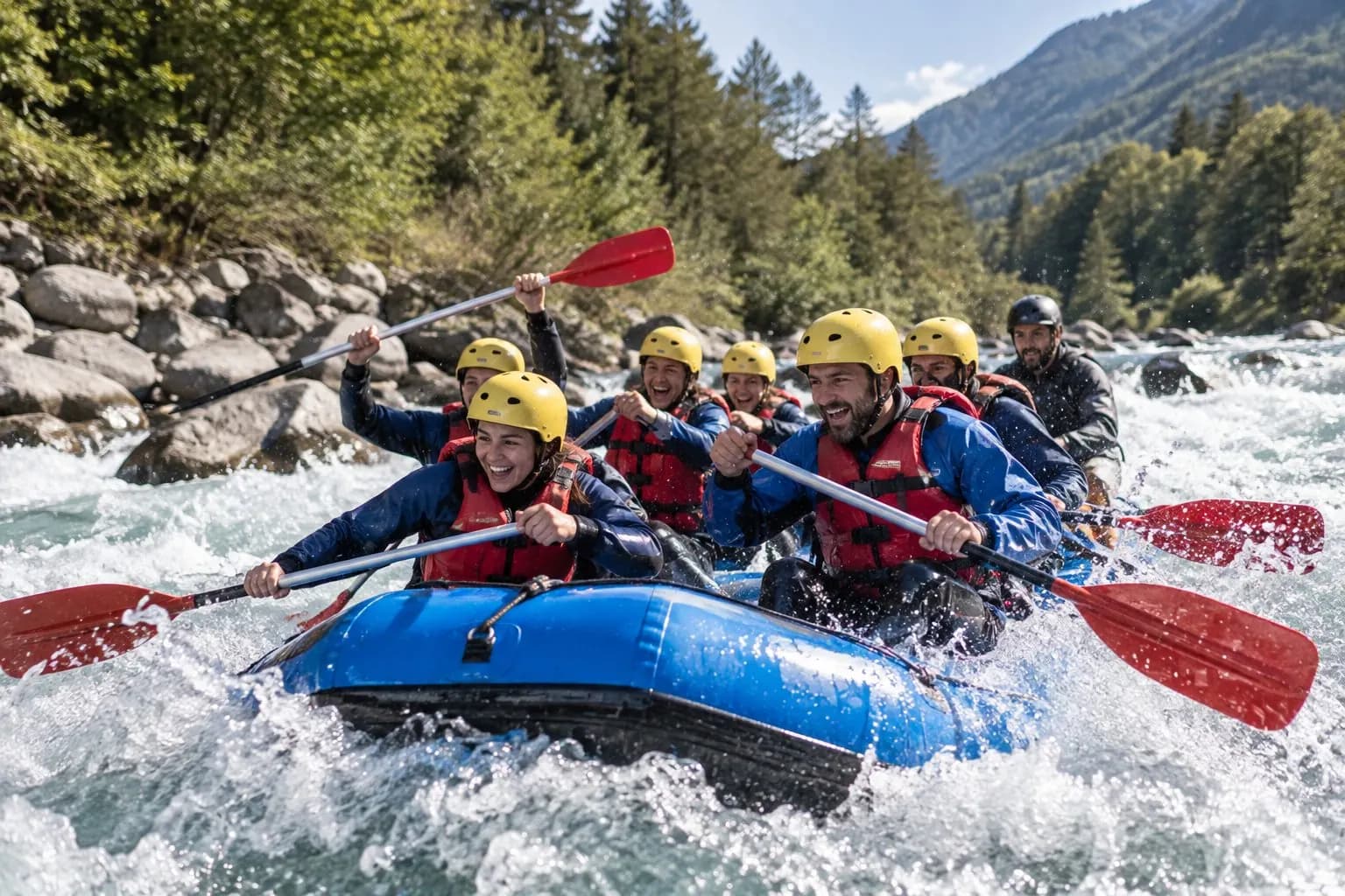 Colleagues white-water rafting on a mountain river