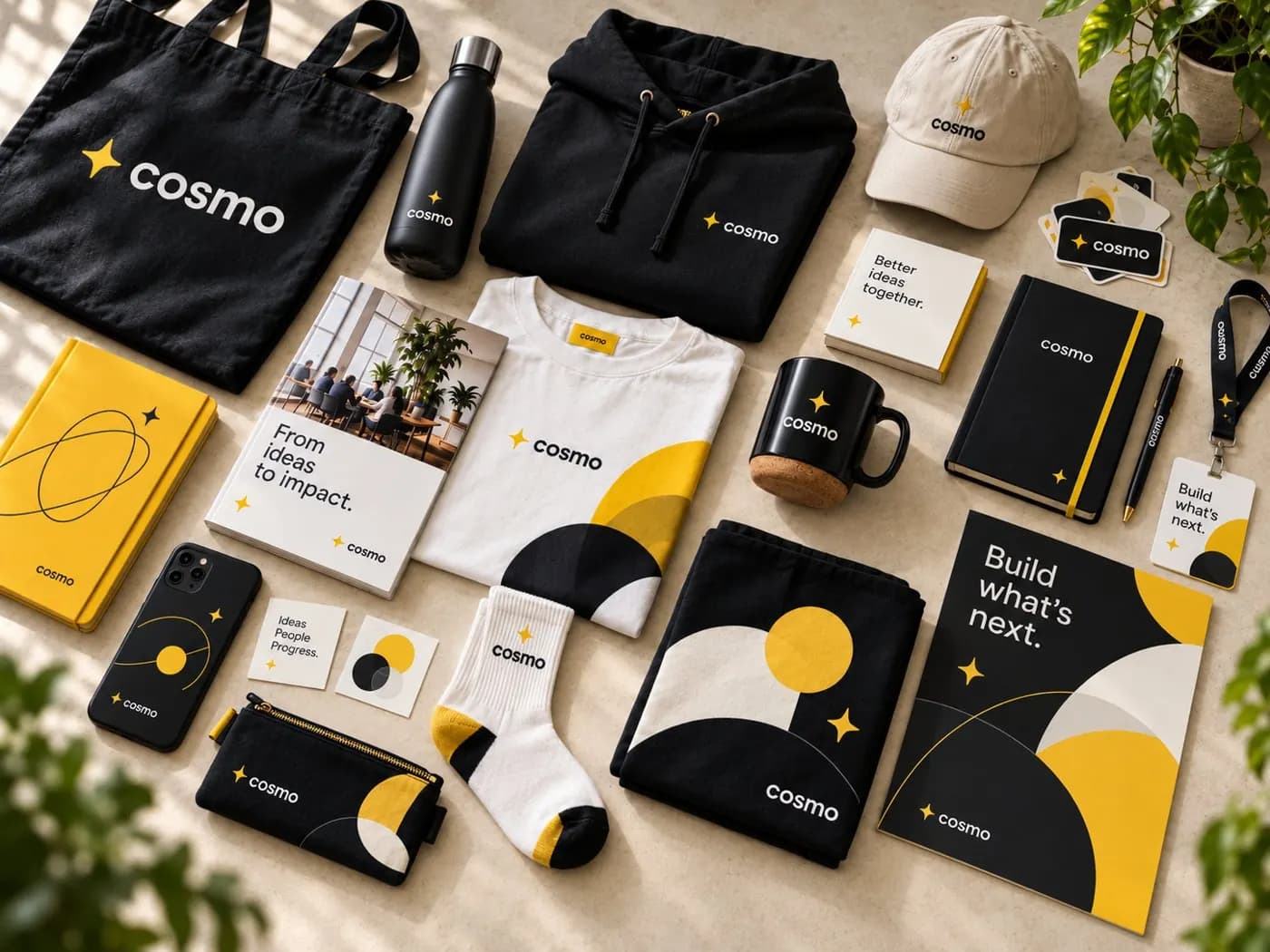 Branded company merchandise: bags, hoodies, mugs and notebooks