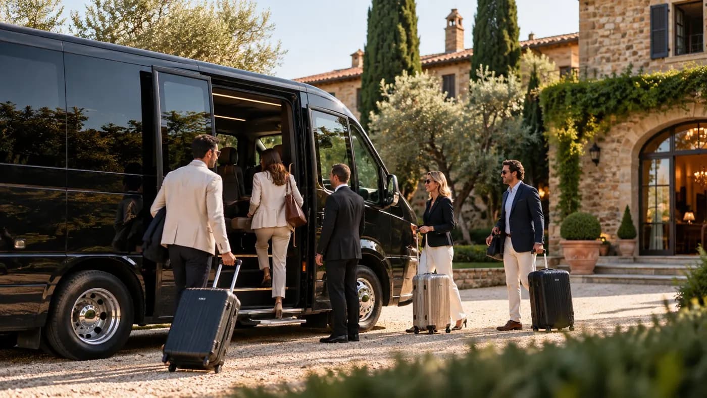 Guests boarding a private van outside a countryside villa