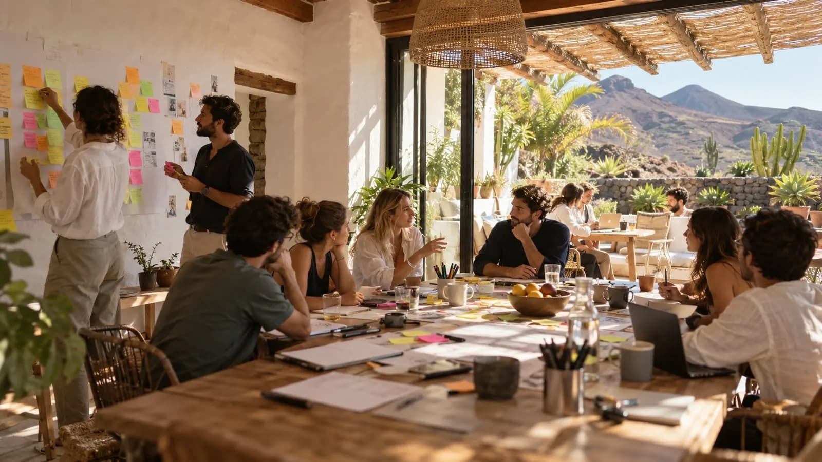 Team workshop around a table on a sunny terrace