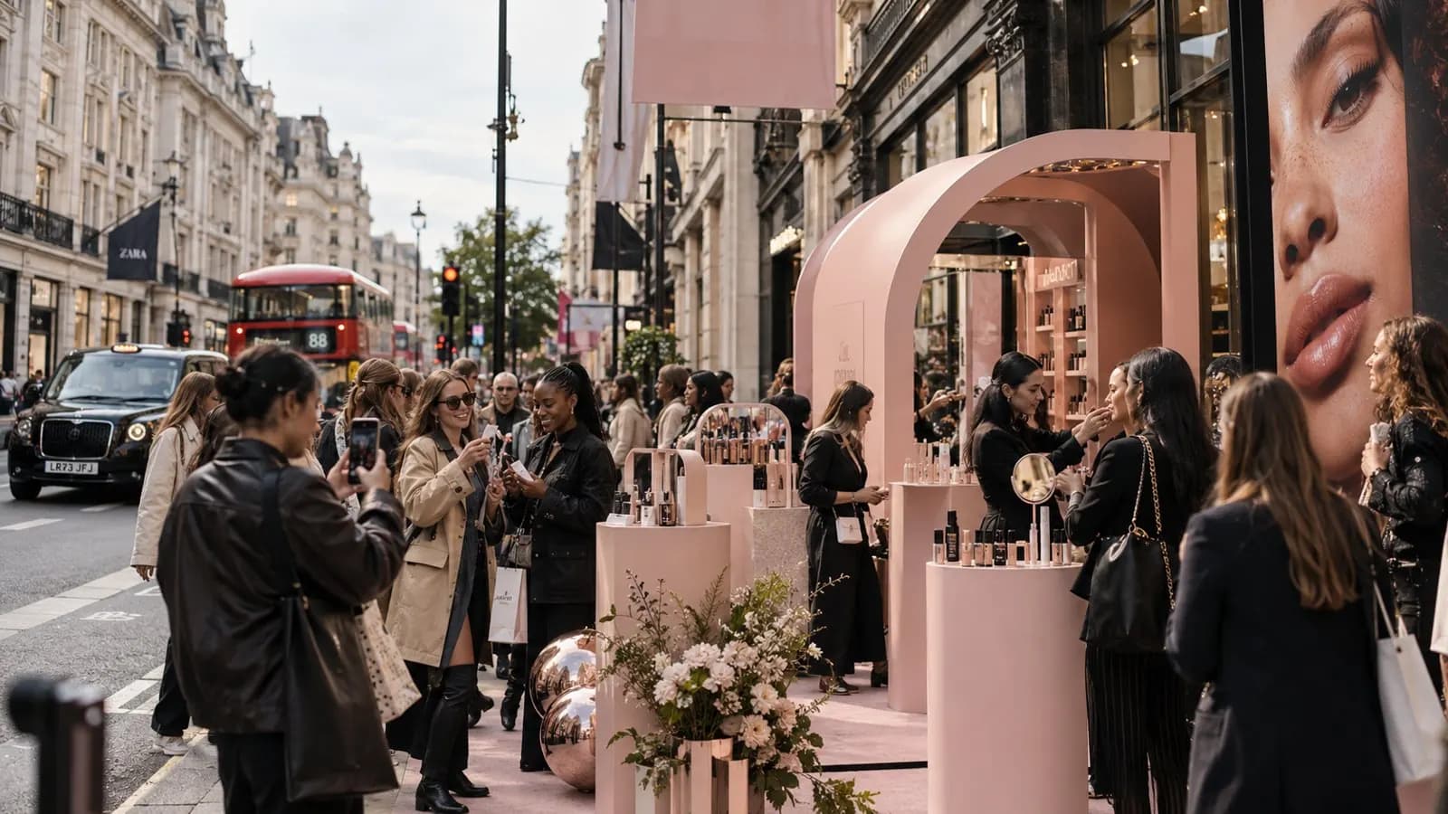 Guests trying products and taking photos at a pink beauty pop-up on a London street